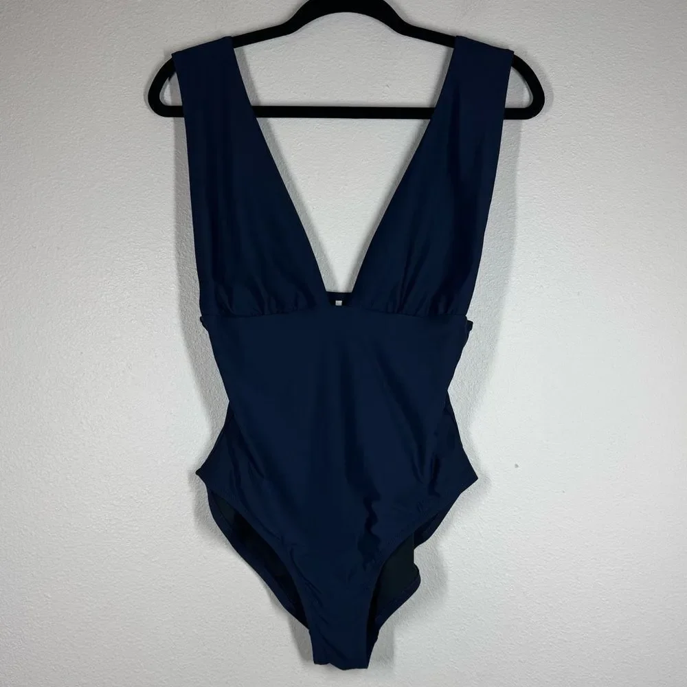 J Crew Tactel Deep V Tank Swimsuit Navy Blue One Piece Size 12 G9417